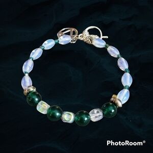 HANDMADE Opalite Jade Czech Glass Beaded Bangle Toggle Bracelet